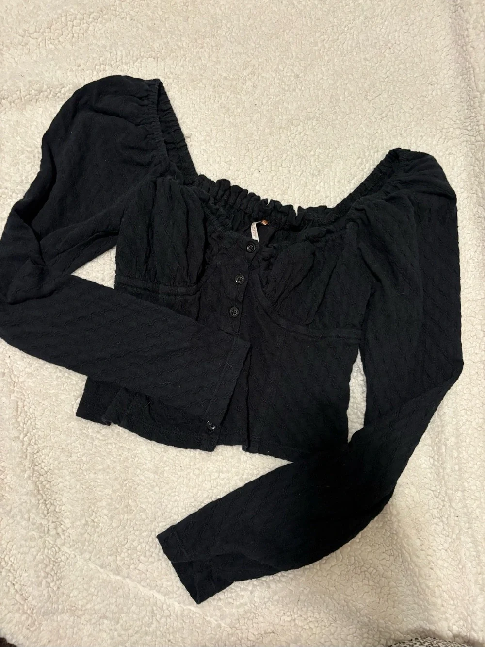 Free People Black Textured Long-Sleeve Button Front Top